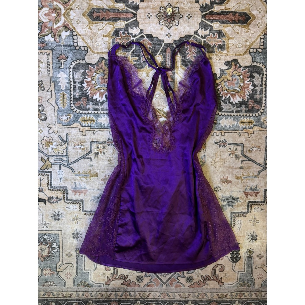 Victorias Secret Purple Satin Lace Strappy Purple Nightgown Lingerie Slip Small